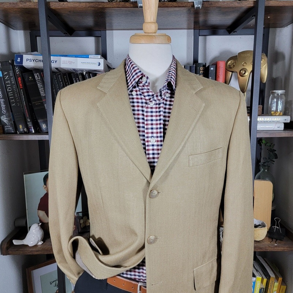 Chaps Ralph Lauren Men's Sport Coat Three Button Dark Beige Herringbone Silk 40R - Picture 2 of 16
